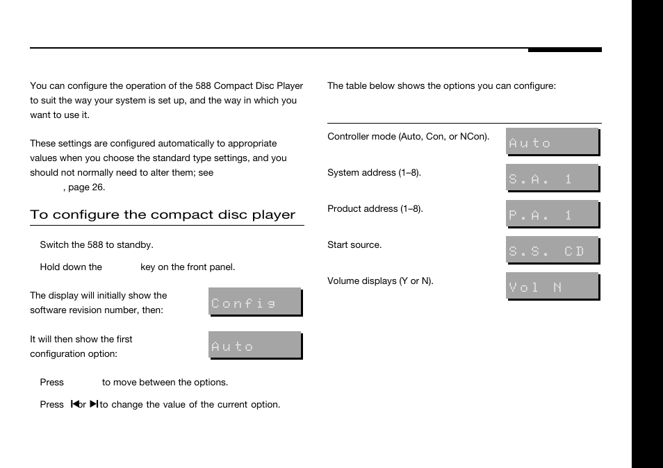 Specifying information about your system, Configuration options, Controller mode | Product address, Start source, System address, Volume displays, Configuring, Specifying information about, Your system | Meridian America 588 User Manual | Page 32 / 41