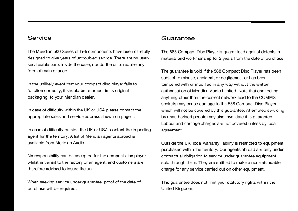 Service and guarantee, Guarantee, Service | Meridian America 588 User Manual | Page 39 / 41