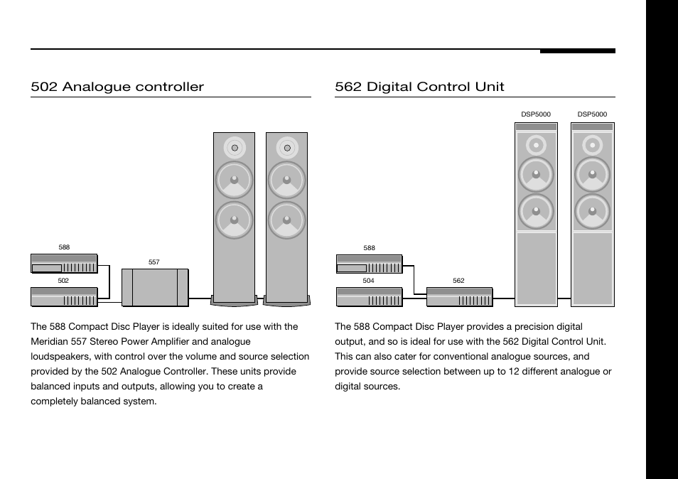 Sample configurations, 502 analogue controller, 557 stereo power amplifier | 562 digital control unit 3 | Meridian America 588 User Manual | Page 8 / 41