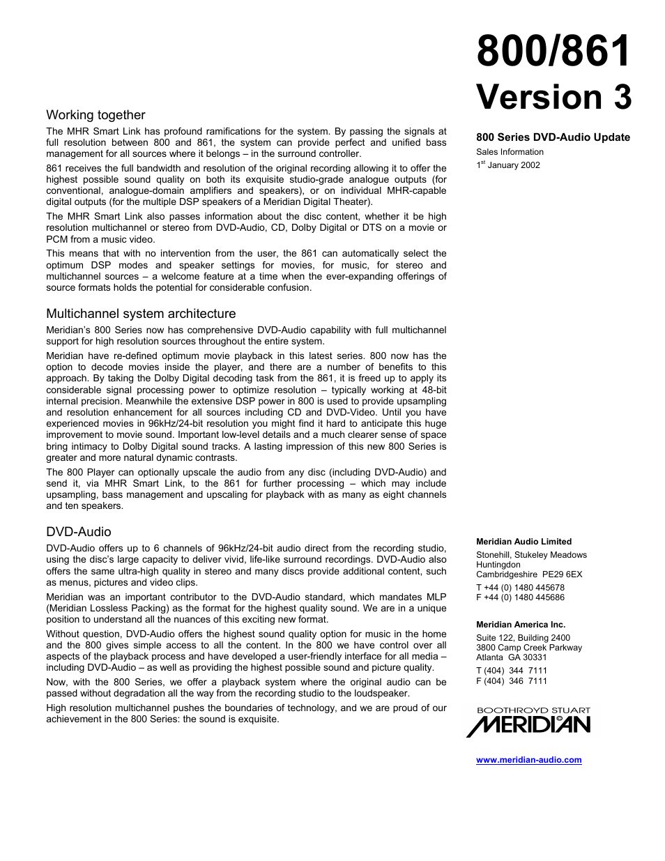 Working together, Multichannel system architecture, Dvd-audio | Version 3 | Meridian America 861 User Manual | Page 2 / 3