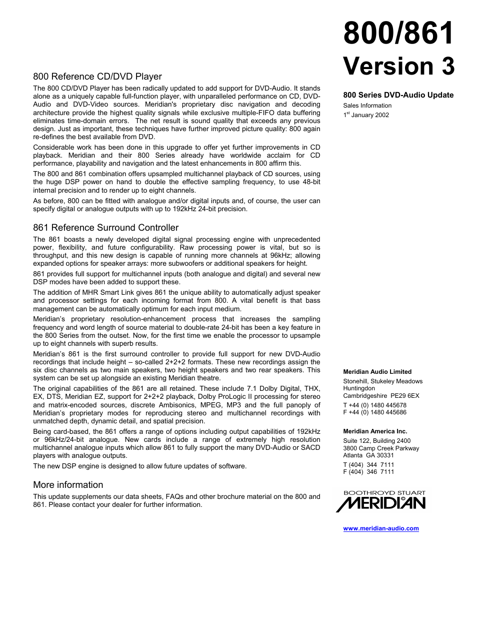 861 reference surround controller, More information, Version 3 | Meridian America 861 User Manual | Page 3 / 3