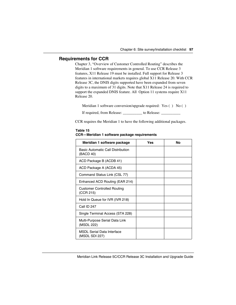 Requirements for ccr | Meridian America Link/Customer Controlled Routing User Manual | Page 115 / 595