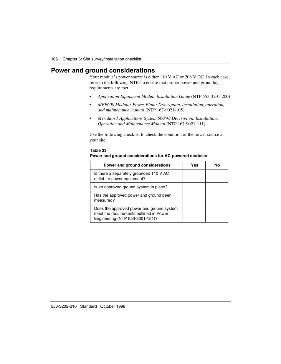Power and ground considerations | Meridian America Link/Customer Controlled Routing User Manual | Page 124 / 595