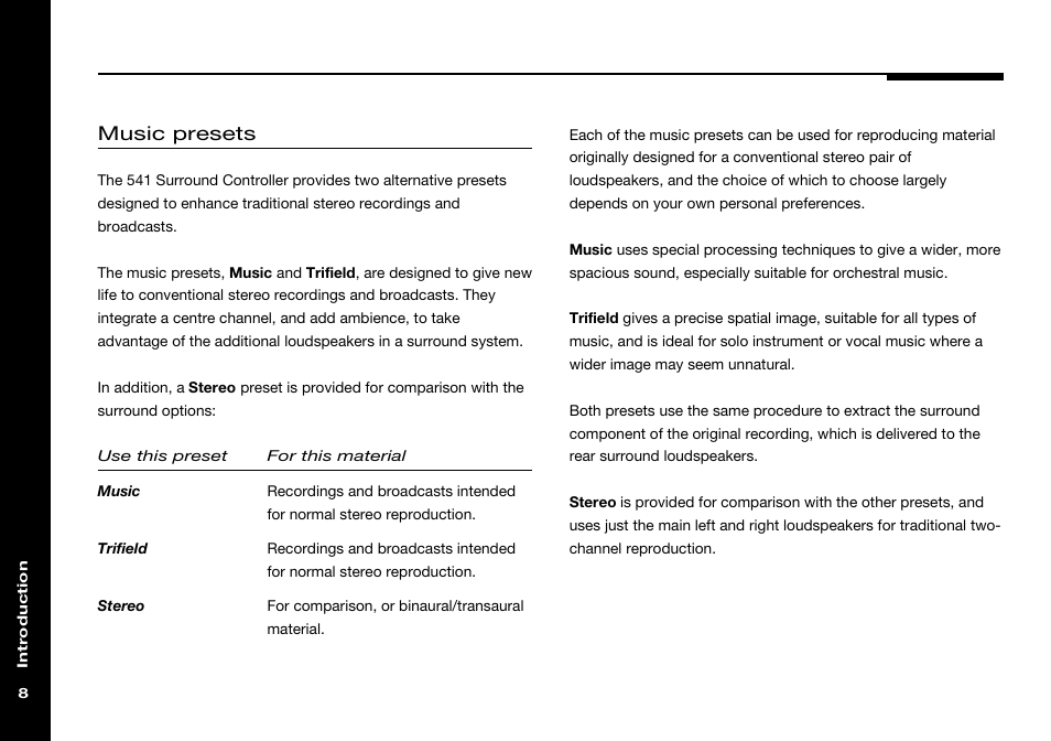 Music preset, Music presets, Music | Stereo, Trifield, Stereo preset, Trifield preset | Meridian America 541 User Manual | Page 14 / 72
