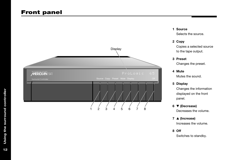 Front panel, 541 surround controller, front panel controls, 541 surround controller | Meridian America 541 User Manual | Page 18 / 72