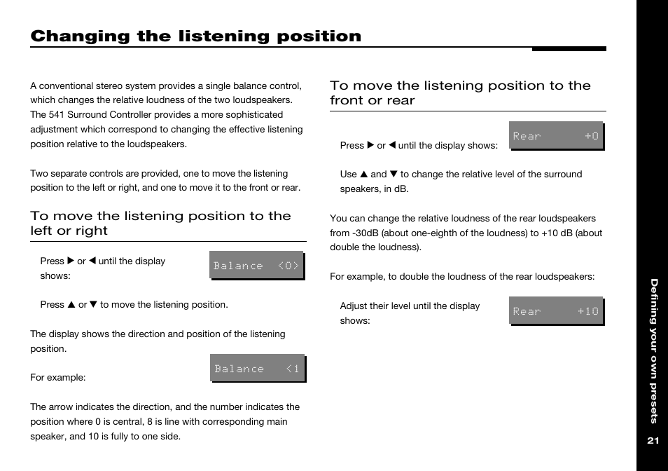 Changing the listening position, Balance, changing, Balance | Front/rear position, Left/right position, Listening position, Front/rear position, changing, Left/right position, changing, Listening position, changing | Meridian America 541 User Manual | Page 27 / 72