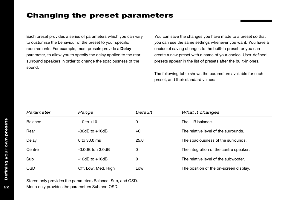Changing the preset parameters, Balance parameter, Centre parameter | Delay parameter, On-screen display, Osd parameter, Balance, Centre, Delay, Rear | Meridian America 541 User Manual | Page 28 / 72