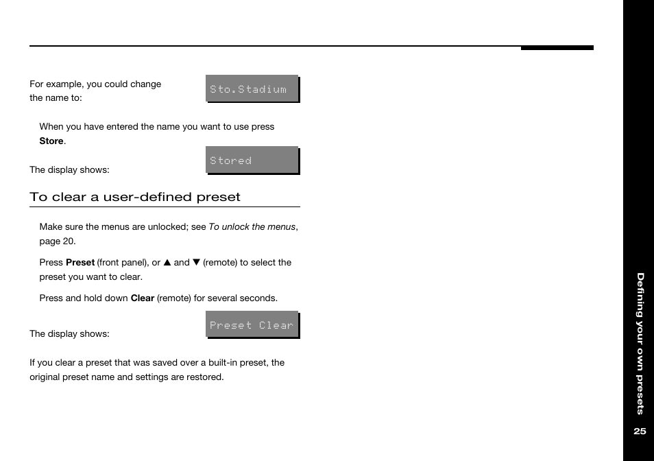 Clearing user-defined presets, Clearing | Meridian America 541 User Manual | Page 31 / 72