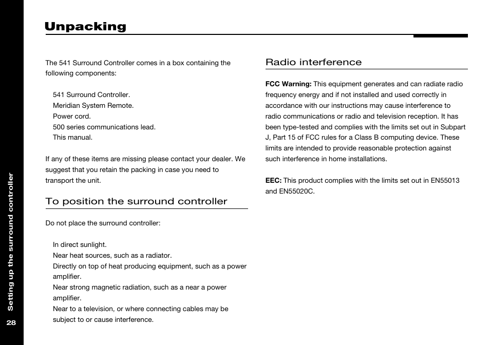 Unpacking, Components, Positioning | Radio interference | Meridian America 541 User Manual | Page 34 / 72