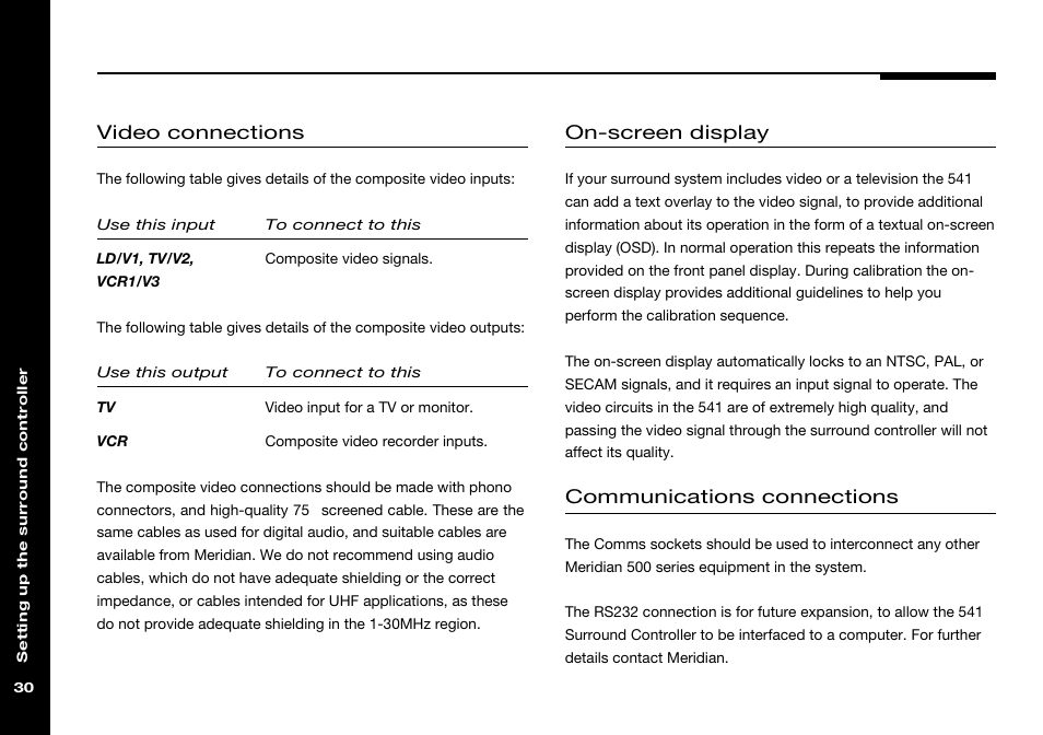 Cables, Communications connections, Communications | On-screen display, Video inputs, Video outputs, Video connections | Meridian America 541 User Manual | Page 36 / 72