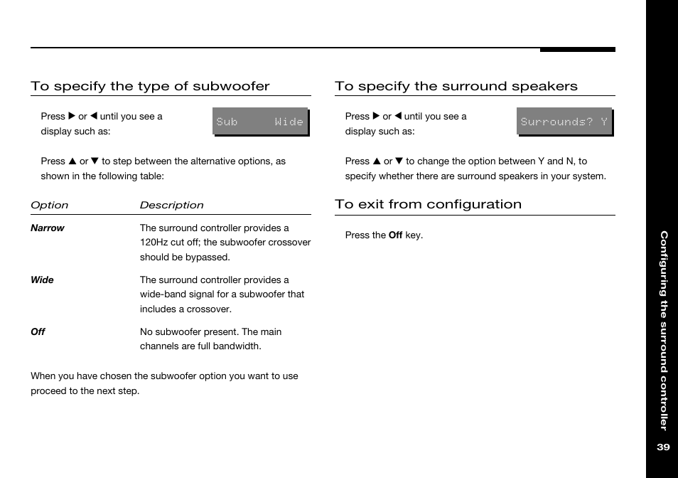 Surrounds, Sub config option, Specifying | Surround speakers, specifying, Surrounds config option | Meridian America 541 User Manual | Page 45 / 72