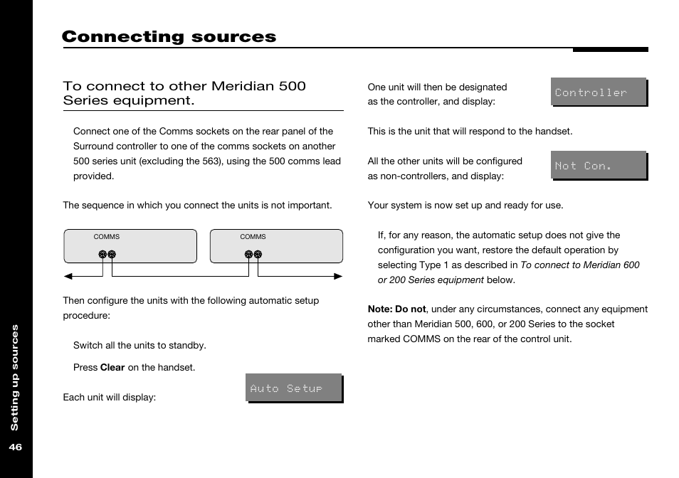 Connecting sources, To meridian 500 series equipment, Controller, configuring | Meridian 500 series equipment, connecting to, Connecting | Meridian America 541 User Manual | Page 52 / 72