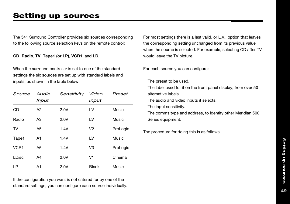 Setting up sources, L.v. options, Last valid options | Default, Setting up | Meridian America 541 User Manual | Page 55 / 72