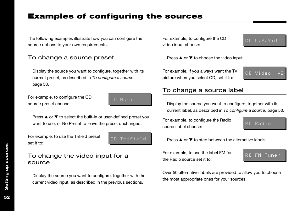 Examples of configuring the sources, Changing for a source, Changing label | Changing presets, Changing video input | Meridian America 541 User Manual | Page 58 / 72