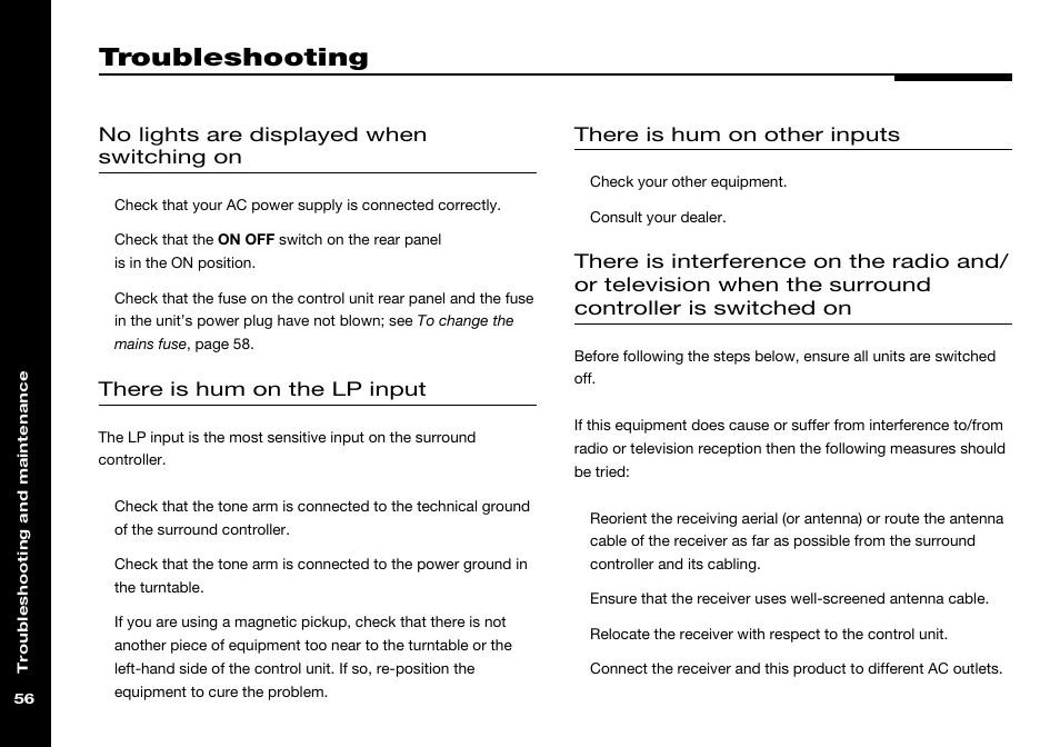Troubleshooting, Hum on inputs, Hum on the lp input | Interference, solving, Lp input, hum | Meridian America 541 User Manual | Page 62 / 72