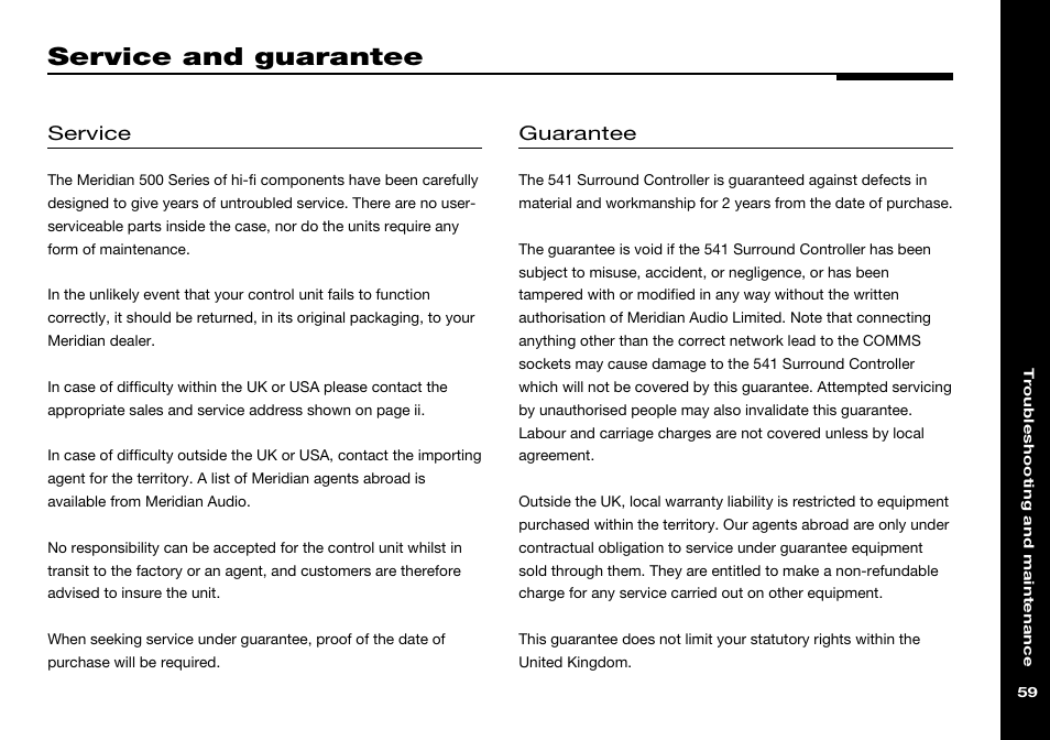 Service and guarantee, Guarantee, Service | Meridian America 541 User Manual | Page 65 / 72