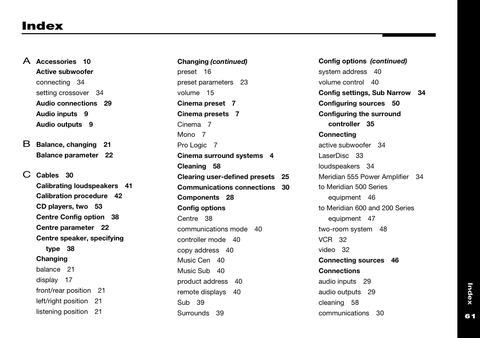 Index, Active subwoofer, Changing | Config options, Connecting, Connections | Meridian America 541 User Manual | Page 67 / 72