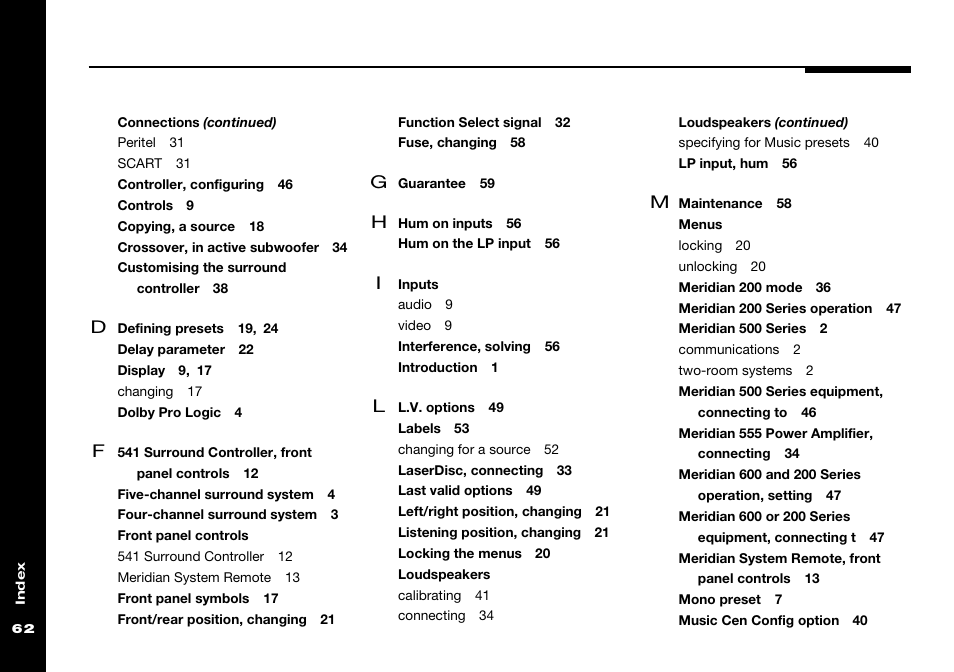Front panel controls, Inputs, Loudspeakers | Menus | Meridian America 541 User Manual | Page 68 / 72