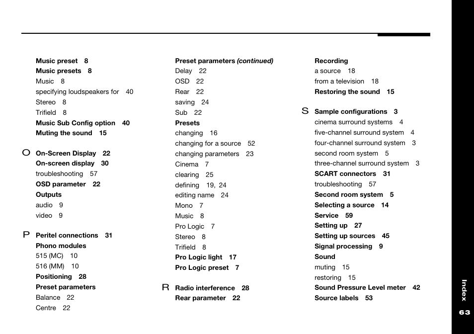 Outputs, Phono modules, Preset parameters | Presets, Recording, Sound | Meridian America 541 User Manual | Page 69 / 72