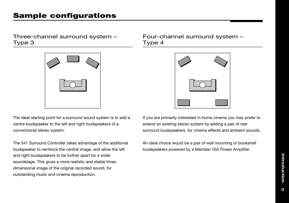 Sample configurations, Four-channel surround system, Three-channel surround system | Meridian America 541 User Manual | Page 9 / 72