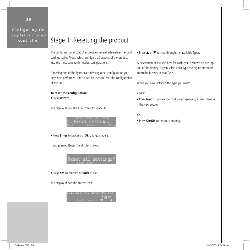 Stage 1: resetting the product, Reset settings, Reset all settings | Type 1 | Meridian America G68 User Manual | Page 30 / 70