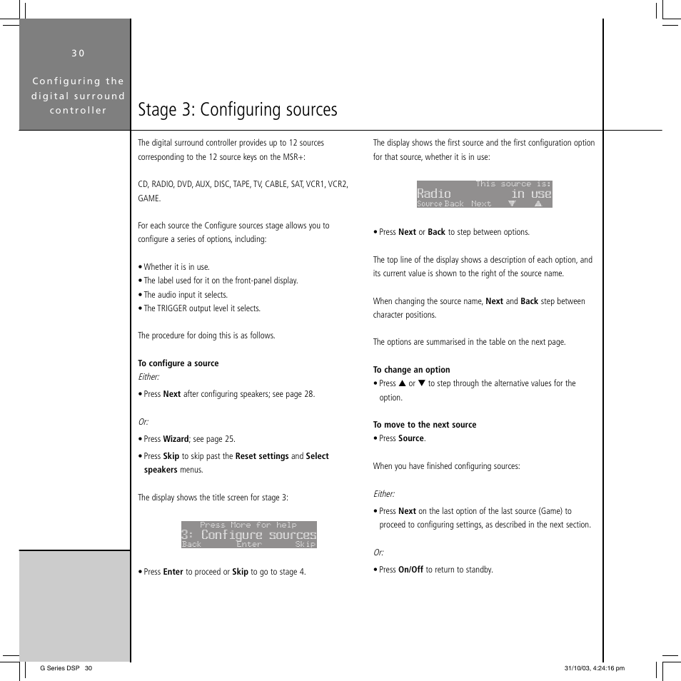 Stage 3: configuring sources, Configure sources, Radio in use | Meridian America G68 User Manual | Page 34 / 70