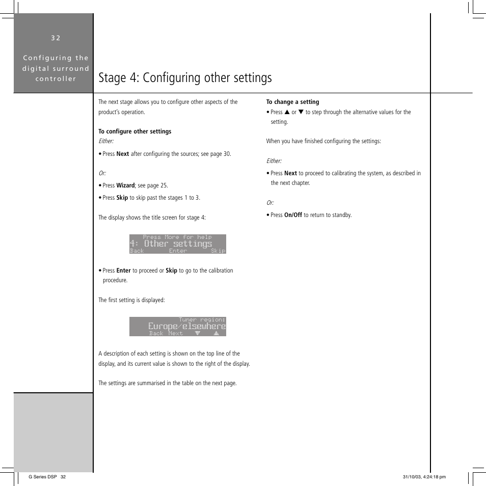 Stage 4: configuring other settings, Other settings, Europe/elsewhere | Meridian America G68 User Manual | Page 36 / 70