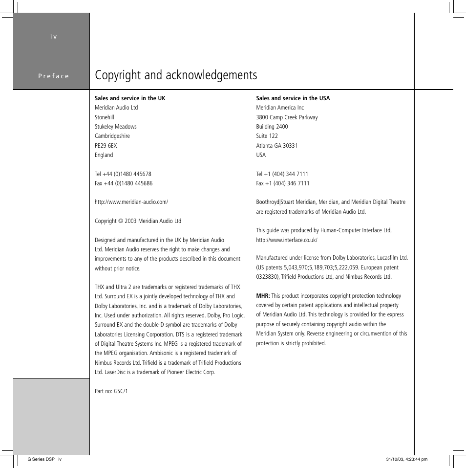 Copyright and acknowledgements | Meridian America G68 User Manual | Page 4 / 70