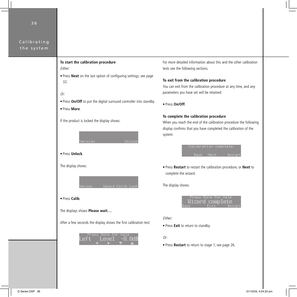 Left level +0.0db, Wizard complete | Meridian America G68 User Manual | Page 40 / 70