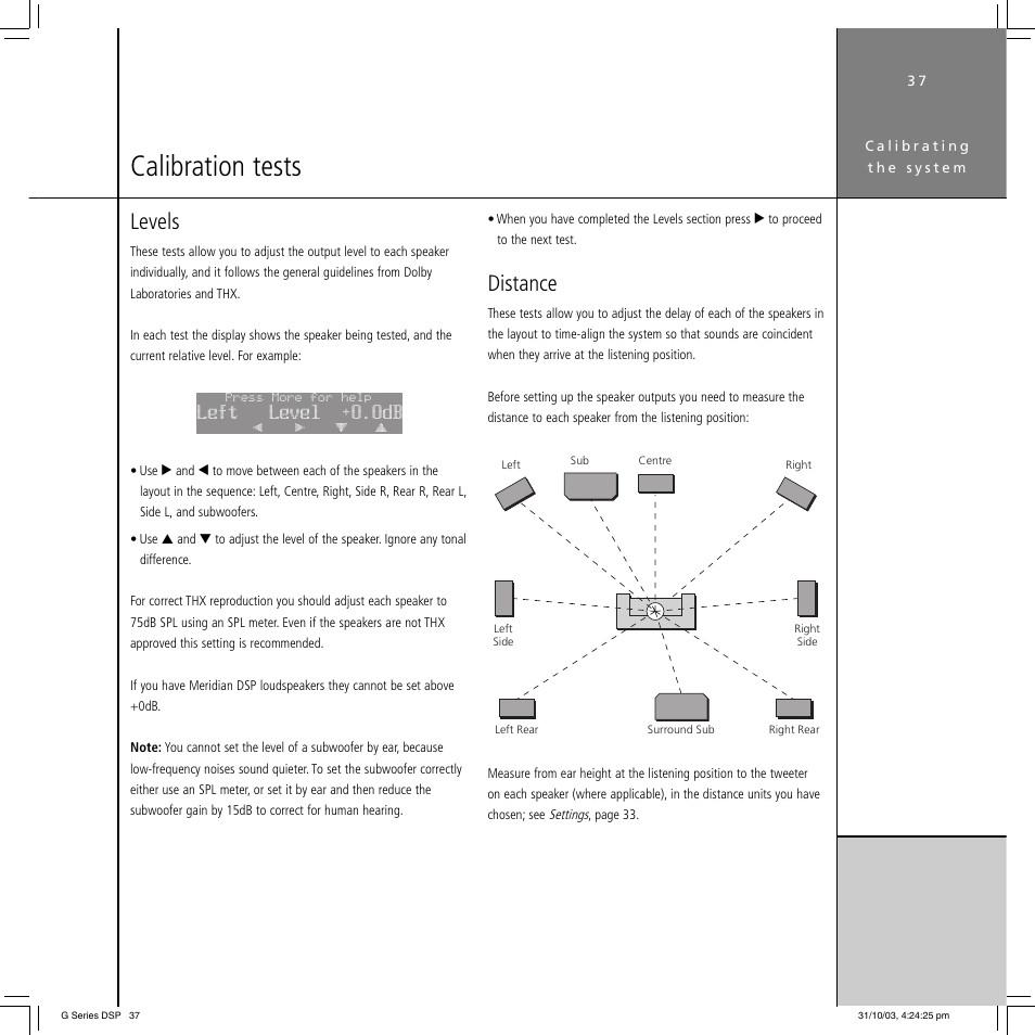Calibration tests, Levels, Distance | Left level +0.0db | Meridian America G68 User Manual | Page 41 / 70