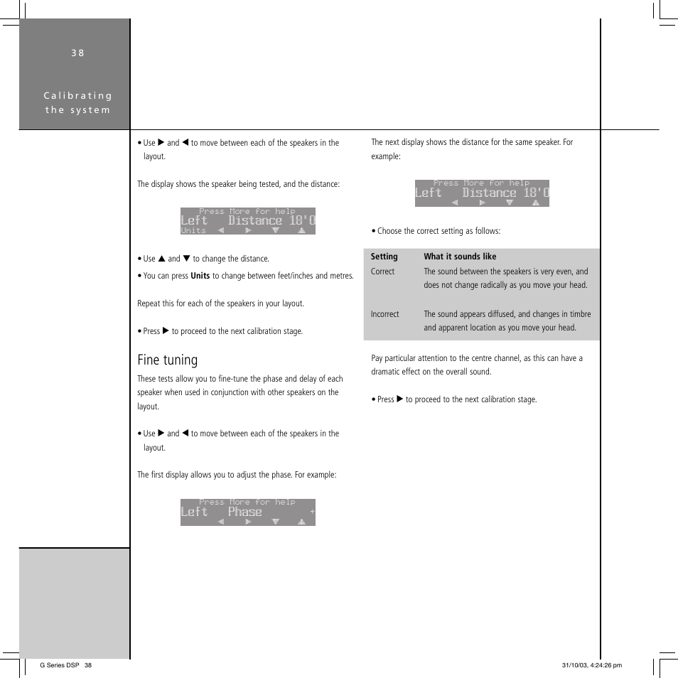Fine tuning, Left distance 18'0, Left phase | Meridian America G68 User Manual | Page 42 / 70