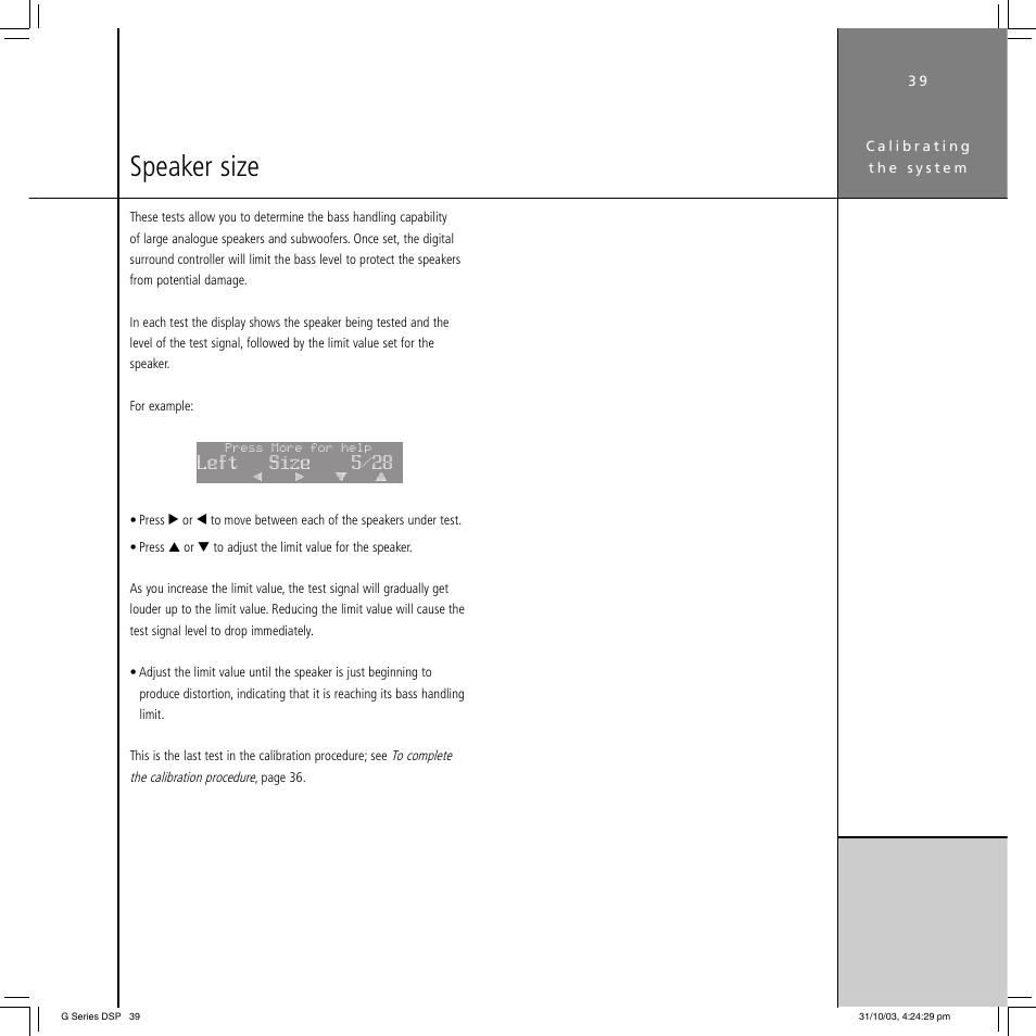 Speaker size, Left size 5/28 | Meridian America G68 User Manual | Page 43 / 70