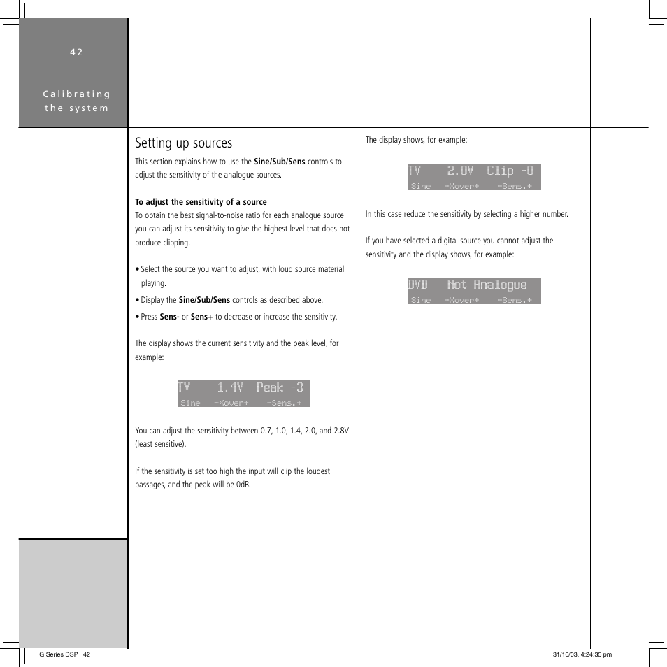 Setting up sources, Tv 1.4v peak -3, Tv 2.0v clip -0 | Dvd not analogue | Meridian America G68 User Manual | Page 46 / 70