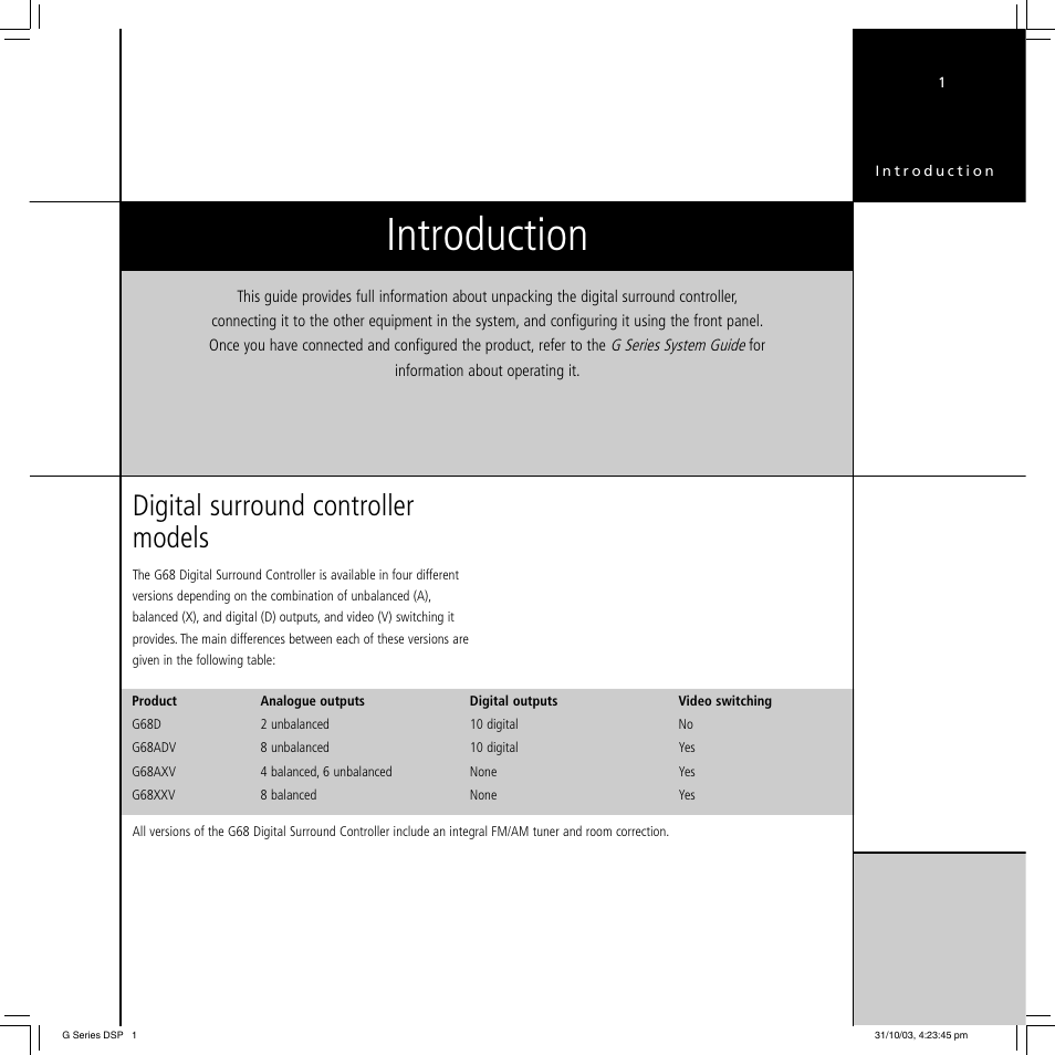 Introduction, Digital surround controller models | Meridian America G68 User Manual | Page 5 / 70