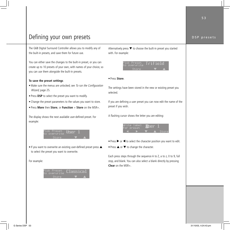 Defining your own presets, User 1, Classical | Trifield, U ser 1 | Meridian America G68 User Manual | Page 57 / 70
