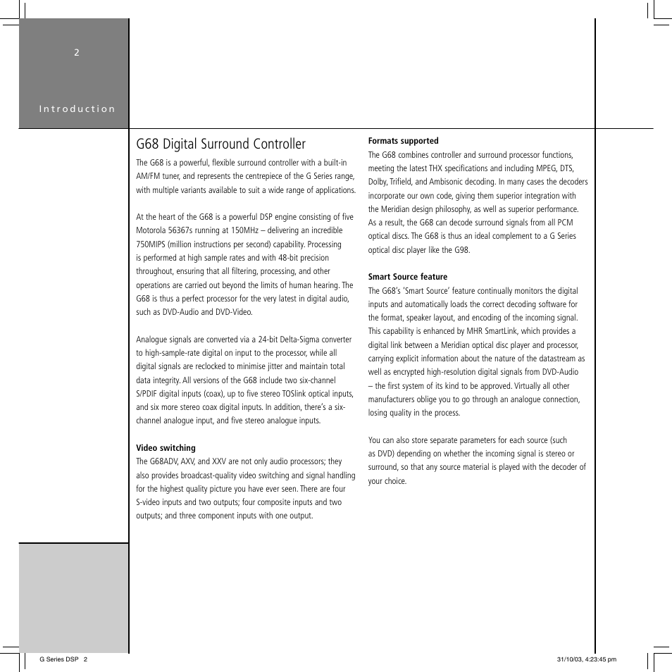 G68 digital surround controller | Meridian America G68 User Manual | Page 6 / 70