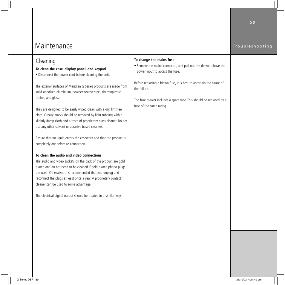 Maintenance, Cleaning | Meridian America G68 User Manual | Page 63 / 70