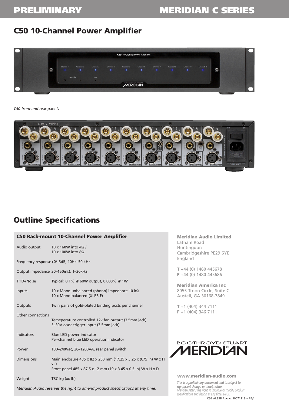 Preliminary meridian c series, C50 10-channel power amplifier, Outline specifications | Meridian America C50 User Manual | Page 2 / 2