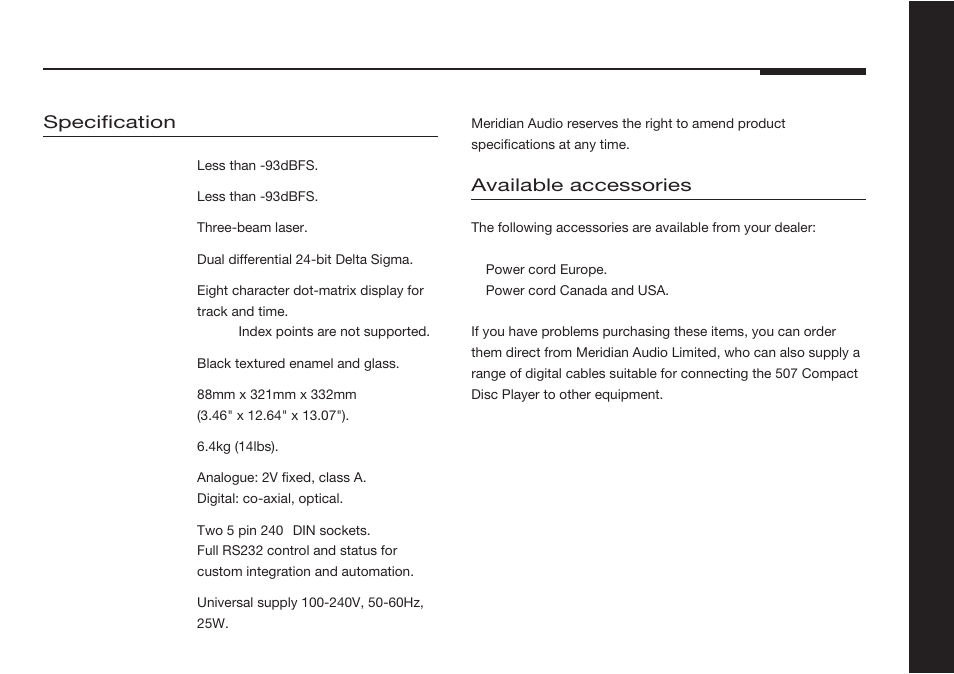Specification and accessories, Accessories, Specification | Available accessories | Meridian America 507 User Manual | Page 10 / 39