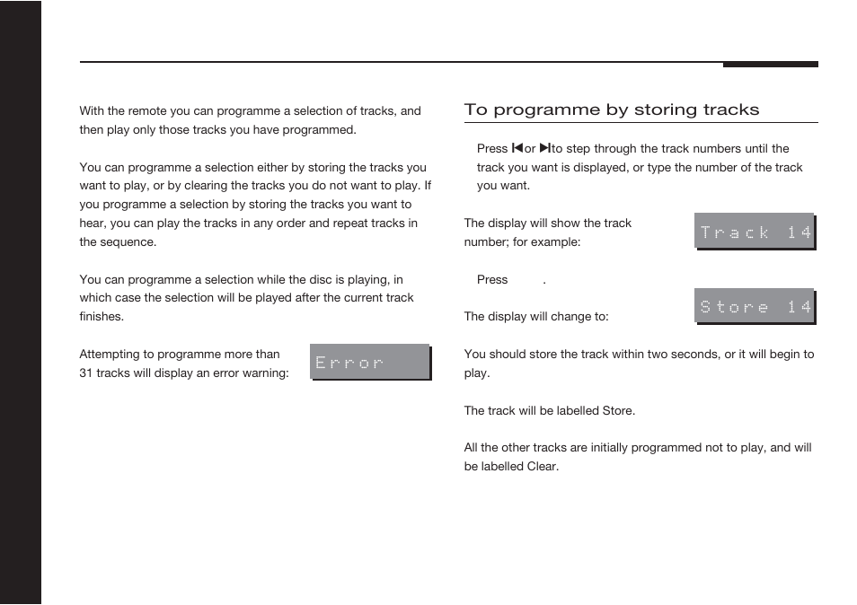 Programming a selection, Error display, By storing tracks | Store function | Meridian America 507 User Manual | Page 17 / 39