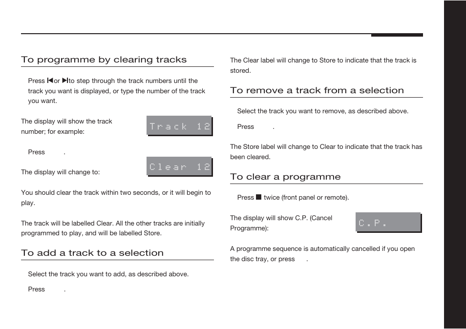 Adding a track to a selection, C.p. display, Clear function | By clearing tracks, Clearing a programme, Removing a track from a selection | Meridian America 507 User Manual | Page 18 / 39
