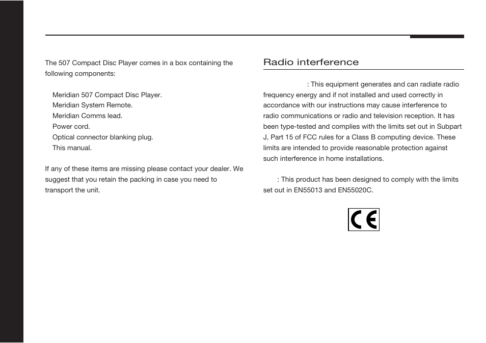 Unpacking, Components, Radio interference | Meridian America 507 User Manual | Page 21 / 39