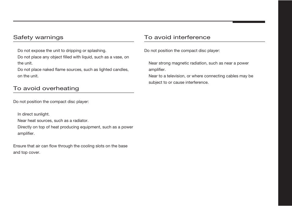 Positioning the compact disc player, Safety warnings, Ventilation | Meridian America 507 User Manual | Page 22 / 39