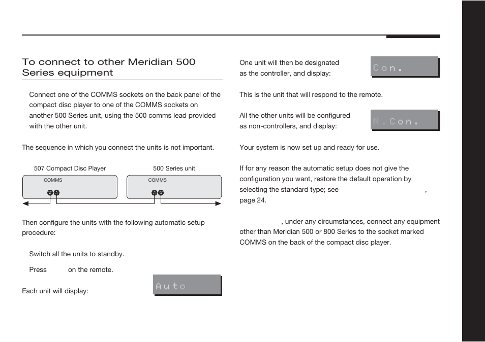 Connecting to, Meridian 500 series equipment, Meridian 500 series operation, setting | For 500 series operation | Meridian America 507 User Manual | Page 24 / 39