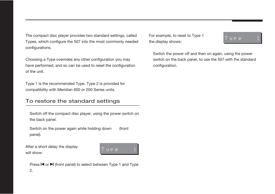 Choosing standard settings, Standard settings, Restoring | Meridian America 507 User Manual | Page 29 / 39