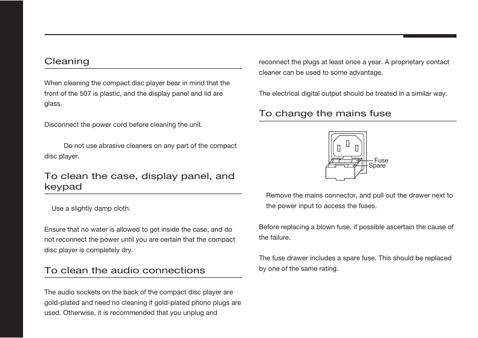 Maintenance, Cleaning, The audio connections | The case, Fuse, replacing | Meridian America 507 User Manual | Page 35 / 39