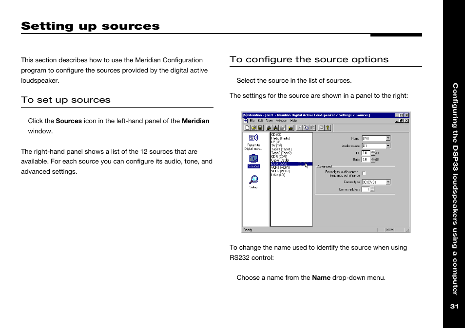 Setting up sources, Configuring options using a pc, Setting up using a pc | Meridian America DSP33 User Manual | Page 36 / 47