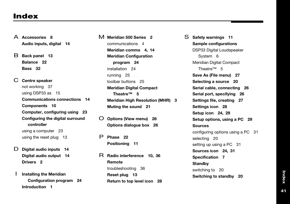Index | Meridian America DSP33 User Manual | Page 46 / 47