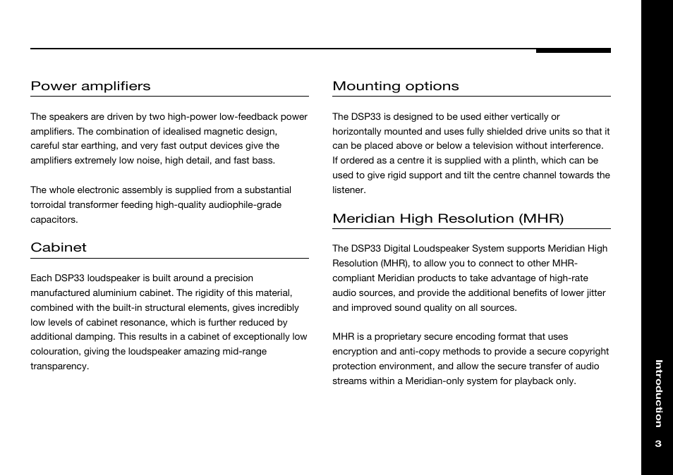 Meridian high resolution (mhr), Power amplifiers, Cabinet | Mounting options | Meridian America DSP33 User Manual | Page 8 / 47