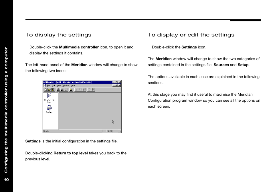 Return to top level icon, Settings icon | Meridian America 562V.2 User Manual | Page 45 / 61